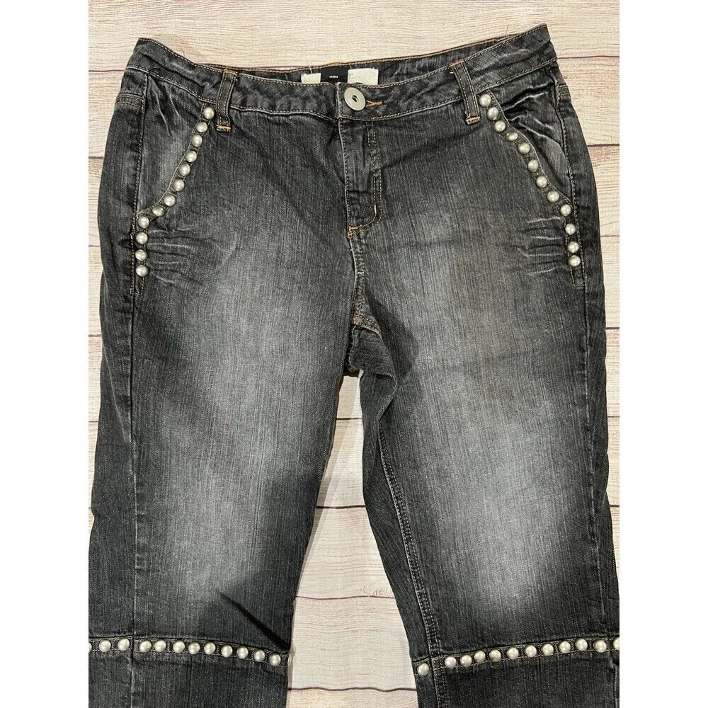 Mixit Denim Jean Cropped Capri Studded Stitch Pockets Gray 90s Y2K Size 10 - Picture 2 of 6